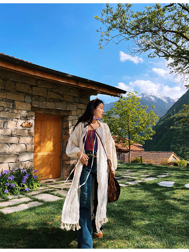 Tassel Tied Cardigan With Two Long Dresses