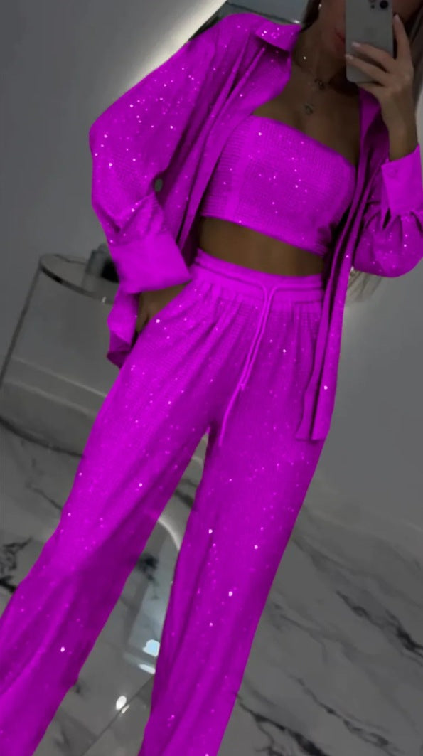 Loose Sequins Jacket Tube Top Three-piece Suit