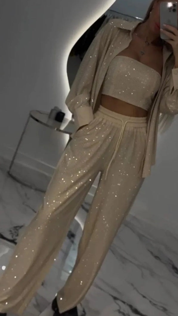 Loose Sequins Jacket Tube Top Three-piece Suit