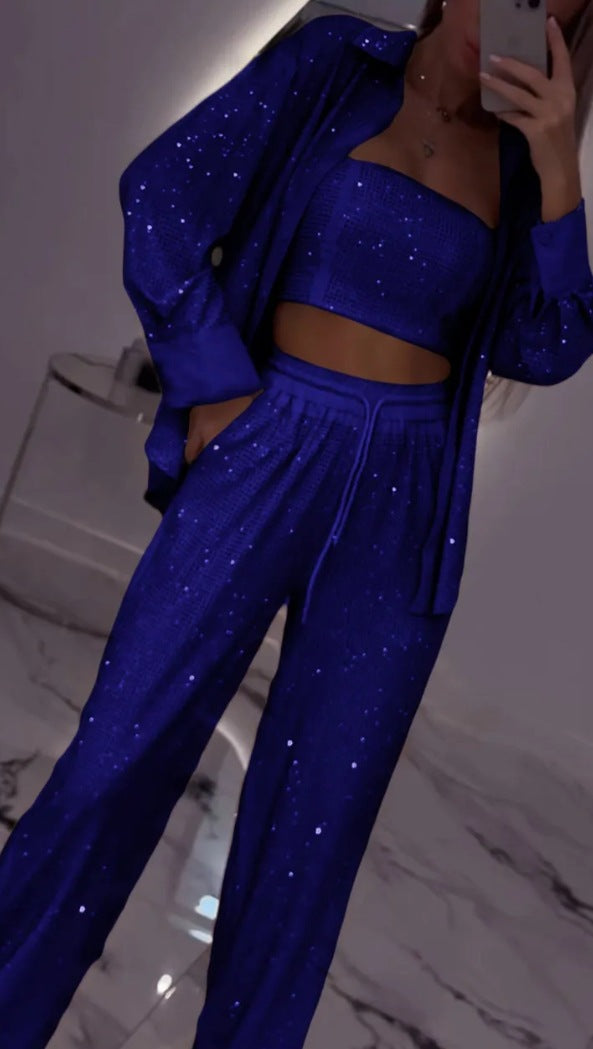 Loose Sequins Jacket Tube Top Three-piece Suit