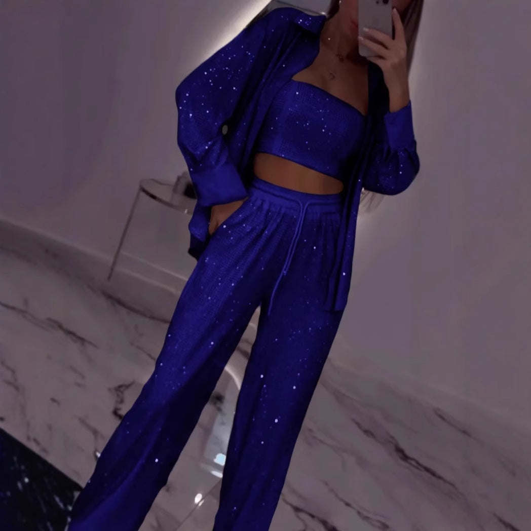 Loose Sequins Jacket Tube Top Three-piece Suit