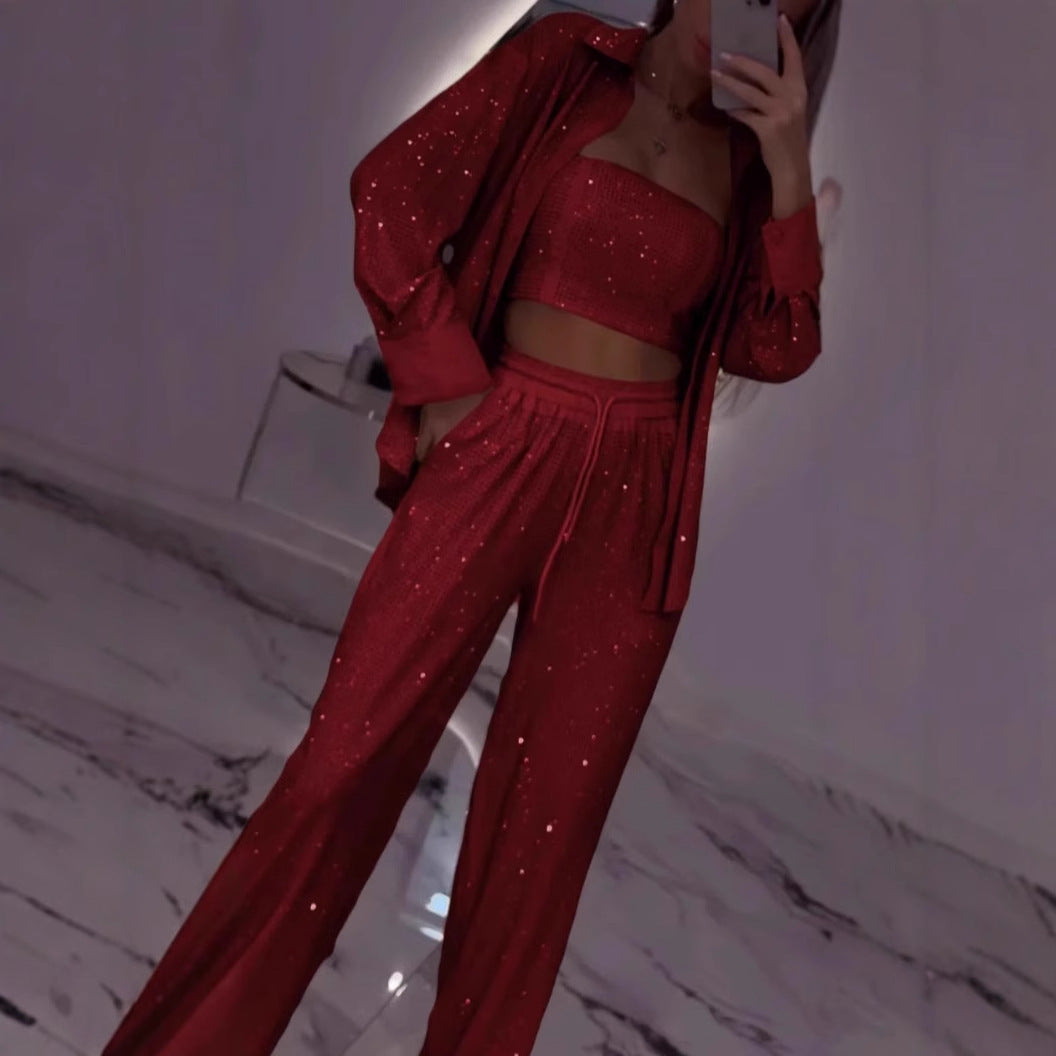 Loose Sequins Jacket Tube Top Three-piece Suit