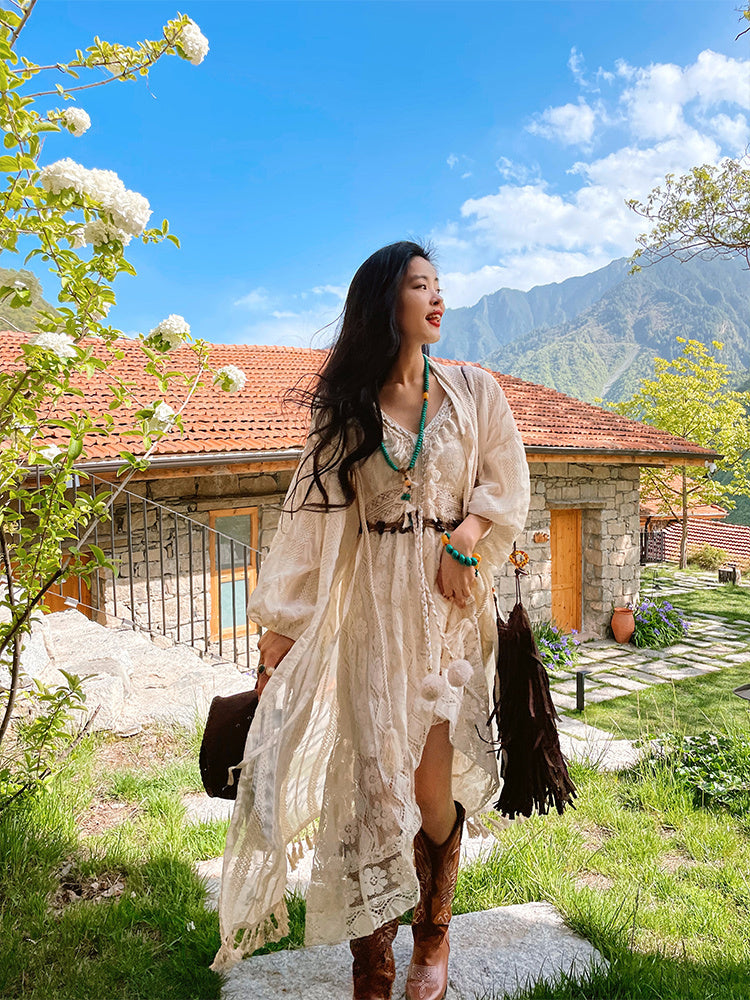 Tassel Tied Cardigan With Two Long Dresses